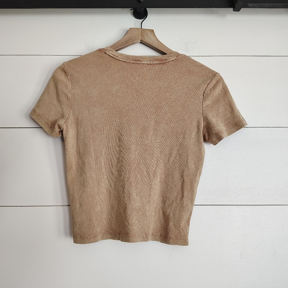 Junior's Tan Cropped Fitted Please Go Away Baby Graphic Tee Coquette Size XL - Picture 2 of 6